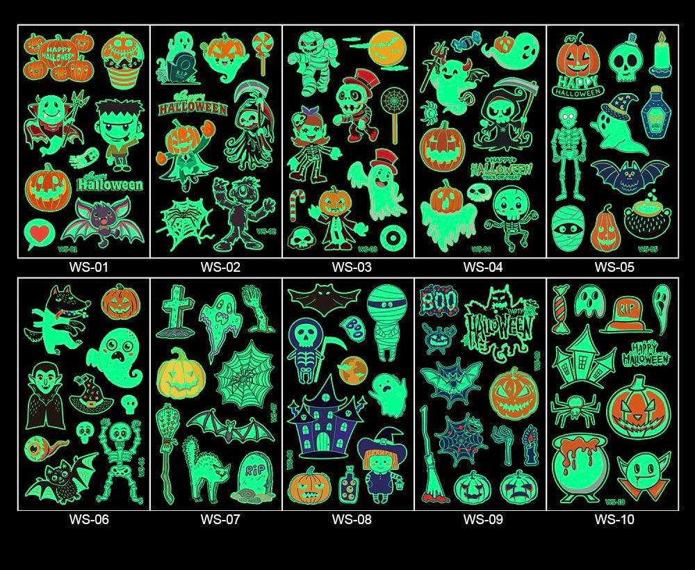 Children's Cartoon Glow-in-the-Dark Halloween Tattoo Stickers, Funny Pumpkin Face Stickers for Festivals, Temporary Stickers