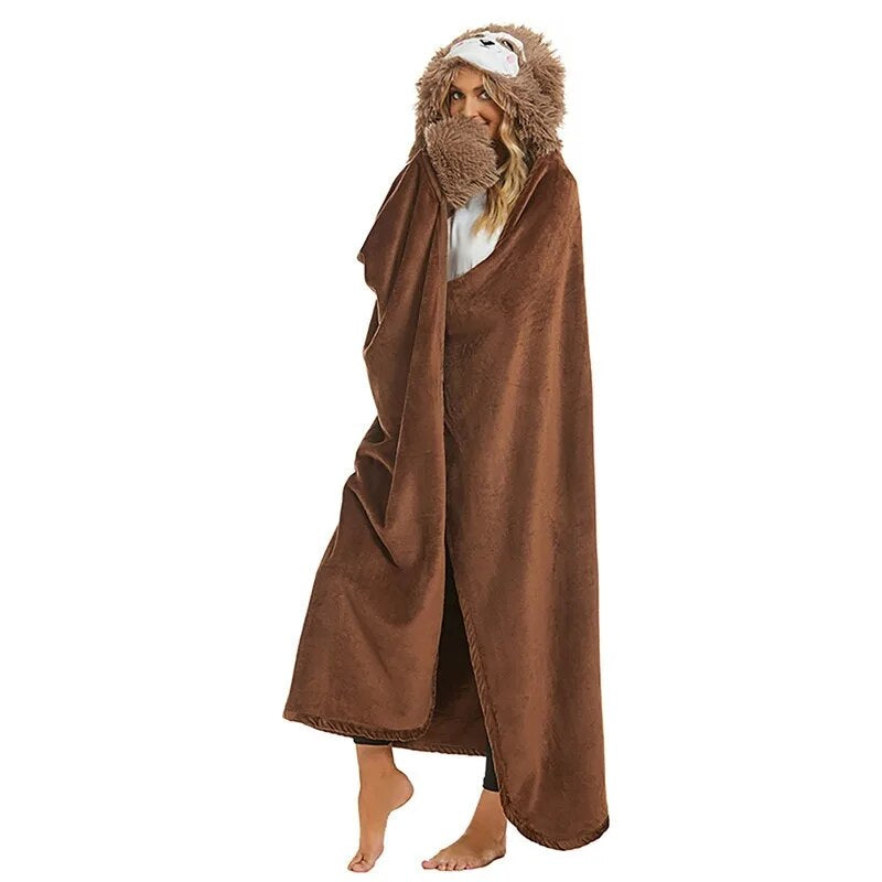 Winter Hooded Flannel Sloth Shaped Blanket