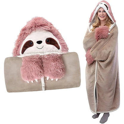 Winter Hooded Flannel Sloth Shaped Blanket